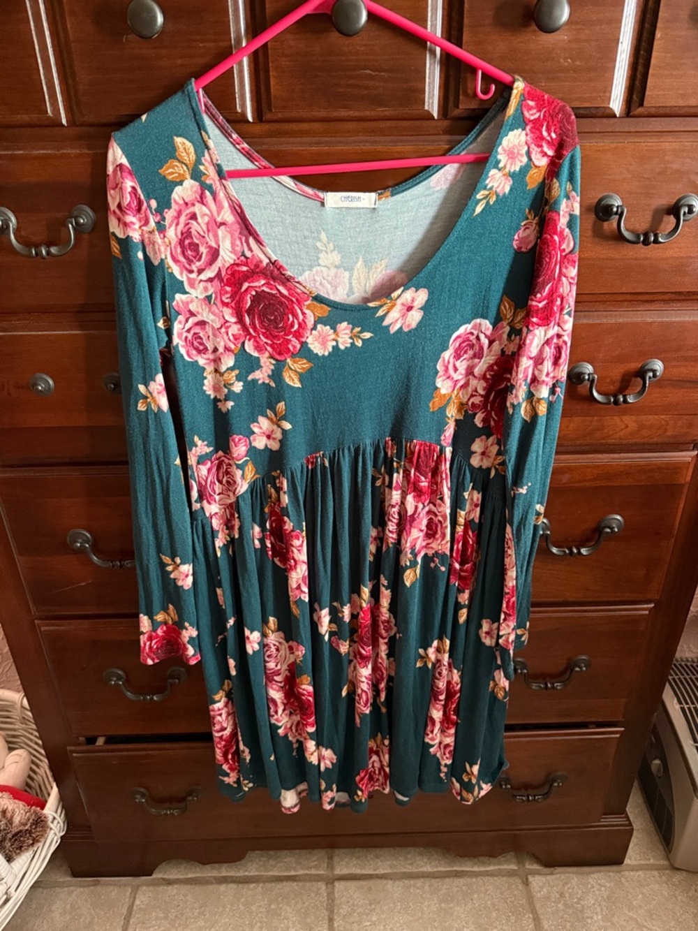 Floral Long Sleeve Babydoll Dress - Pink Rose Print